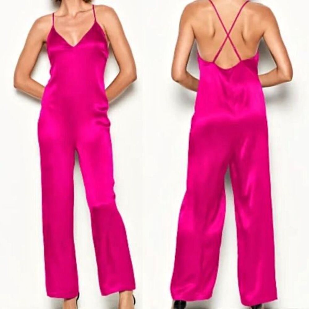 Victoria's Secret Pink Satin Jumpsuit Wide Leg Strappy Shiny Size XS